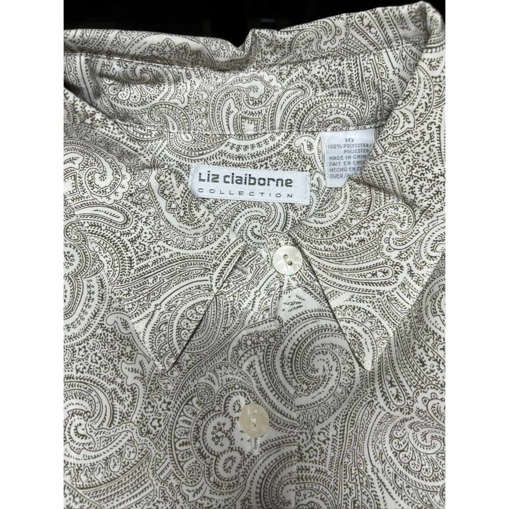 Liz Claiborne Collection Cream With Brown Paisley Pattern Button Down Size 10 - Picture 3 of 12